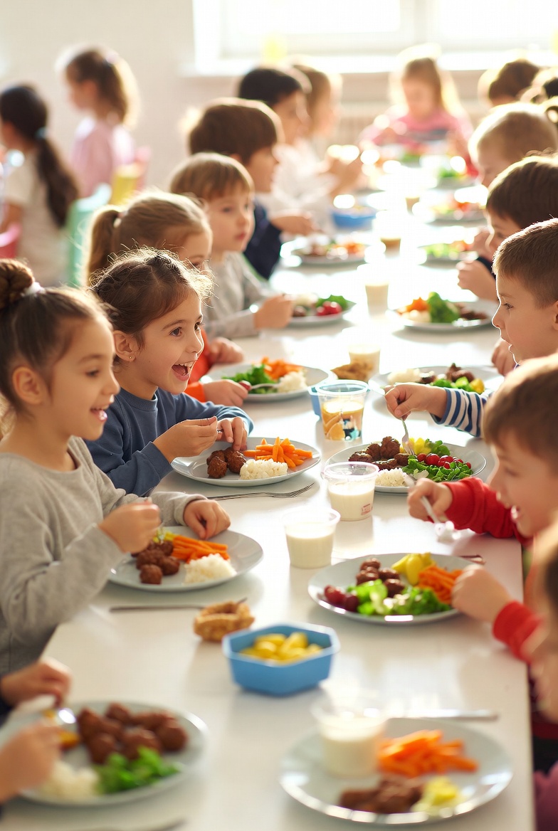 Kinder essen gemeinsam in der Mensa